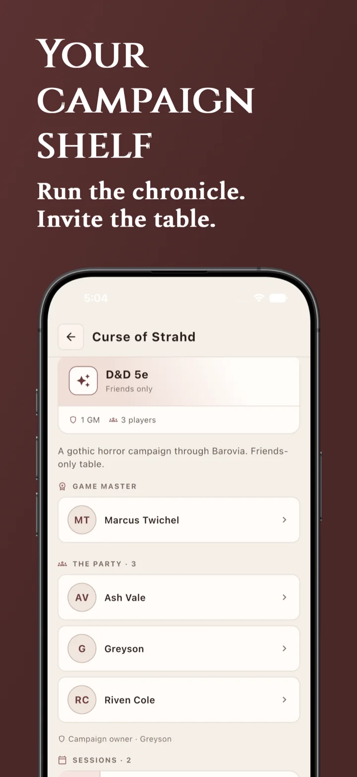 Campaign screen for Curse of Strahd showing the GM and party roster