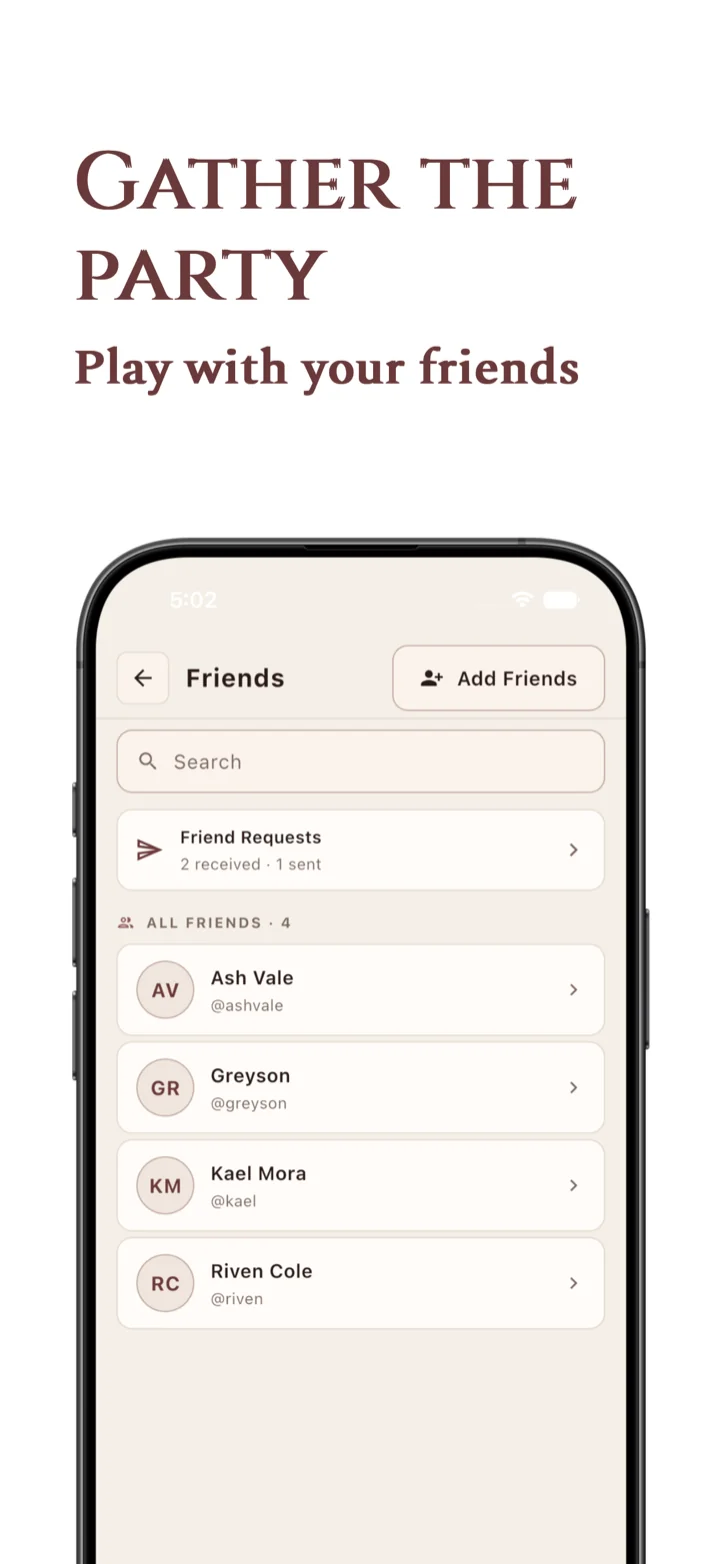 Friends screen with add-friend flow and friend requests
