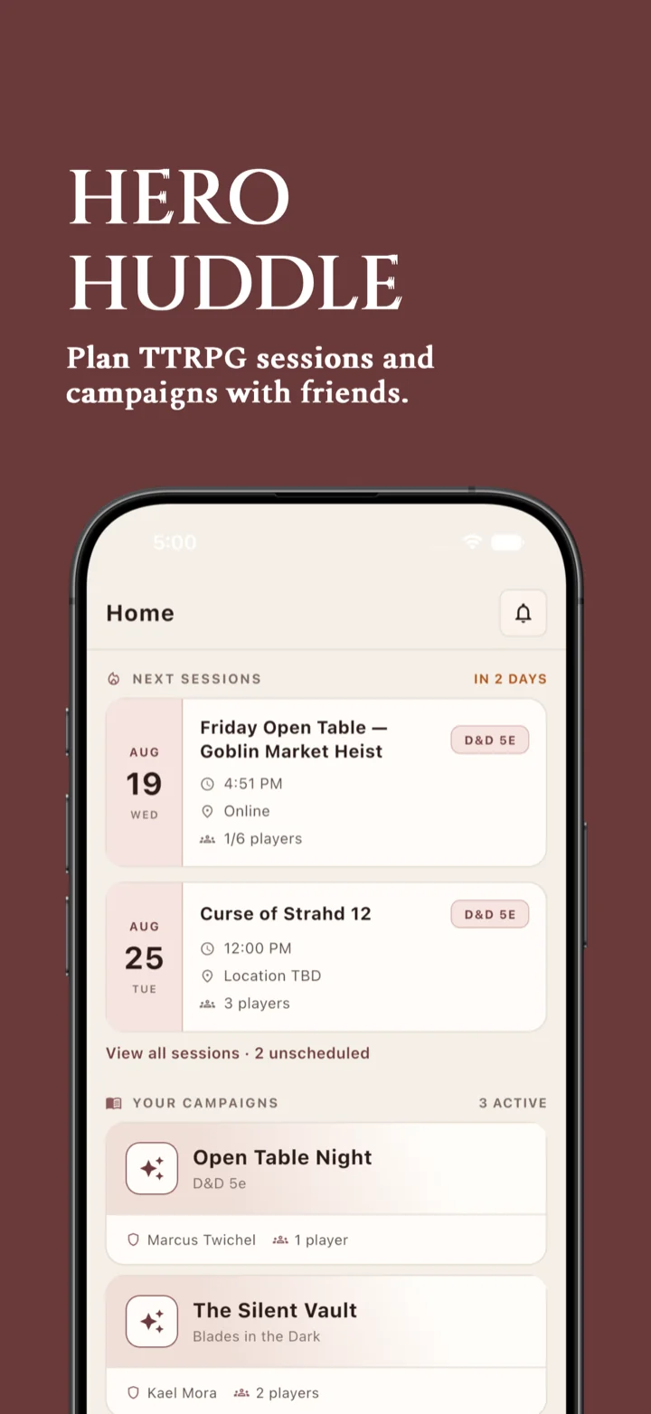Hero Huddle home screen showing upcoming sessions and active campaigns