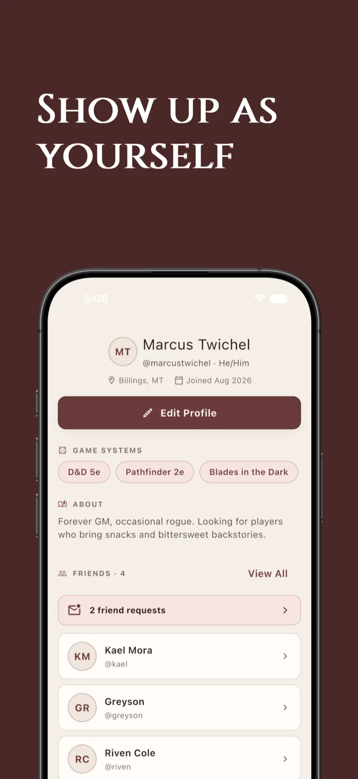 Player profile with game systems, bio, and friends list